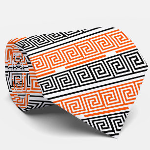 Cravate Orange Blanc Noir Clé grecque Fret Motif Design