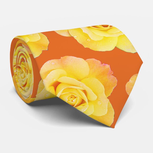 Cravate Orange Jaune Floral Rose Moderne Design Cadeau (Roulé)