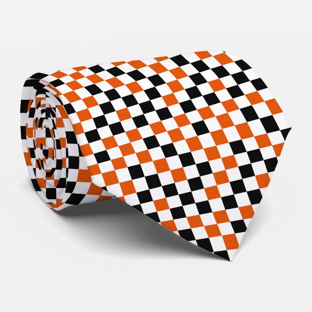 Cravate Orange Noir et Blanc à Damier  (Roulé)