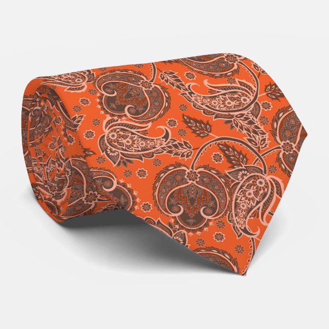 Cravate Orange paisley damask floral oriented ethnic (Roulé)