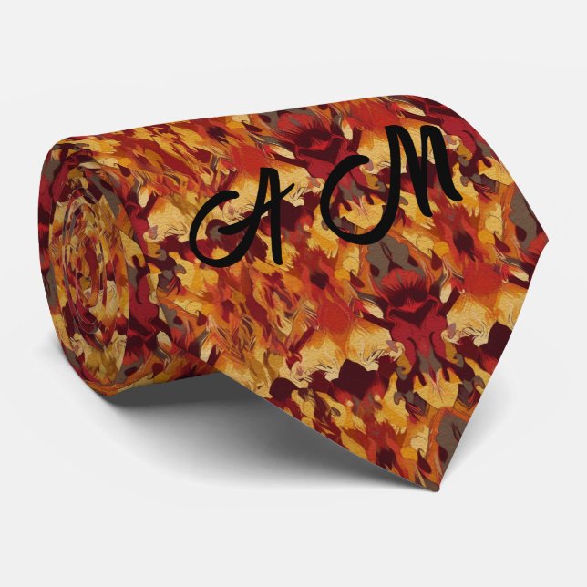 Cravate Orange Tones Retro Ikat Motif Monogramme Initiales (Roulé)