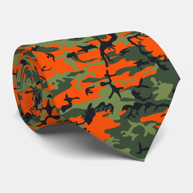 Cravate Orange, Vert Clair, Vert Foncé, Camouflage Noir (Roulé)