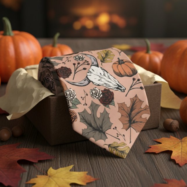 Cravate Orange Western Bull Pays (Modern Orange Thanksgiving Foliage Mens Tie. Fall Harvest, Cow Skull, Leaves Pattern. Autumn Colors.)