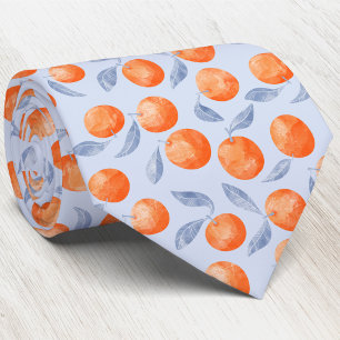 Cravate Oranges Citrus Aquarelle Méditerranéen Bleu Pâle