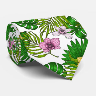 Cravate Orchidées et feuilles de palmiers, rose, jaune, ve