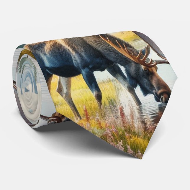 Cravate Orignal à l'aquarelle en Alaska - Art IA  (Roulé)