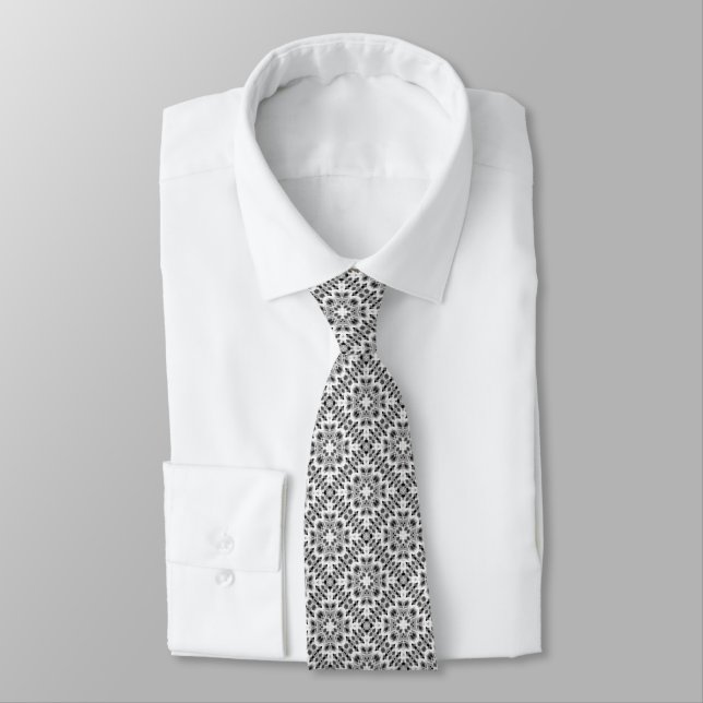 Cravate Ornement ethnique géométrique noir et blanc (Attaché)