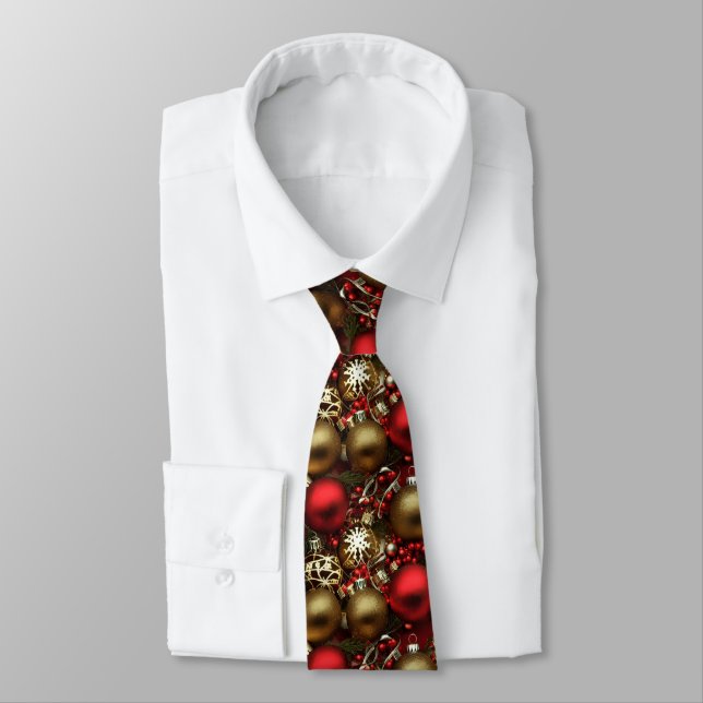 Cravate Ornements de Noël Brun Chocolat et Rouge Rubis  (Attaché)