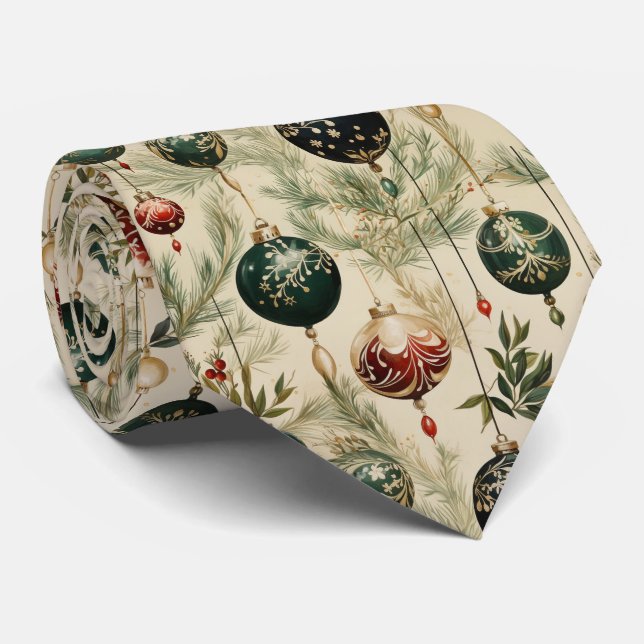 Cravate Ornements de Noël et Branches d'arbres verts (Roulé)