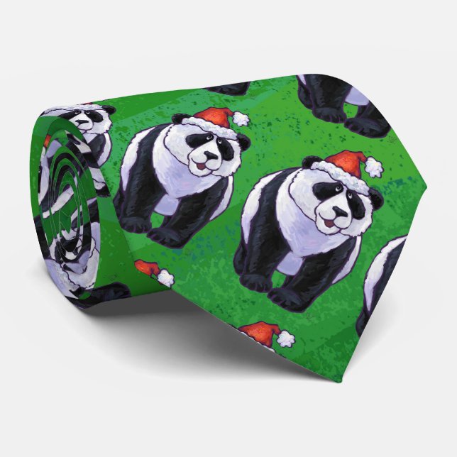 Cravate Ours de panda à Santa Hat sur Vert (Roulé)