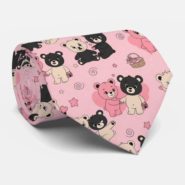 Cravate Ours en peluche avec des cœurs et rose - Saint-Val (Roulé)
