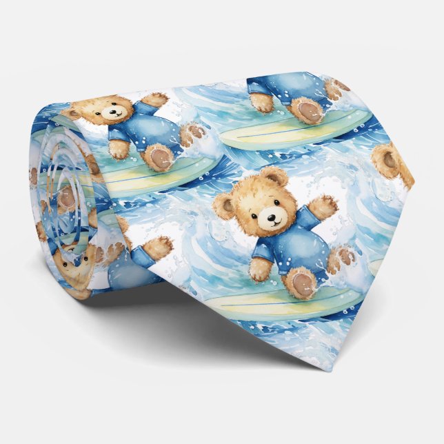 Cravate Ours en peluche bleu surfant (Roulé)