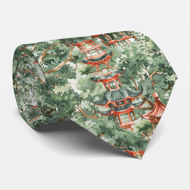 Cravate Pagode de Chinoiserie Forêt Vert Sauge (Roulé)