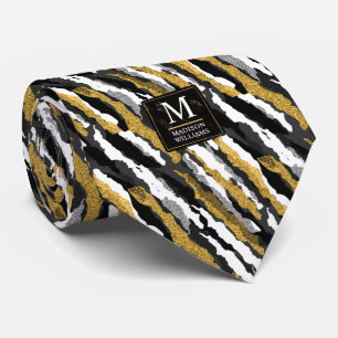 Cravate Paillettes noires et or Motif animal zèbre blanc
