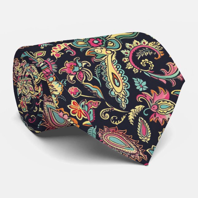 Cravate Paisley noir floral  (Roulé)