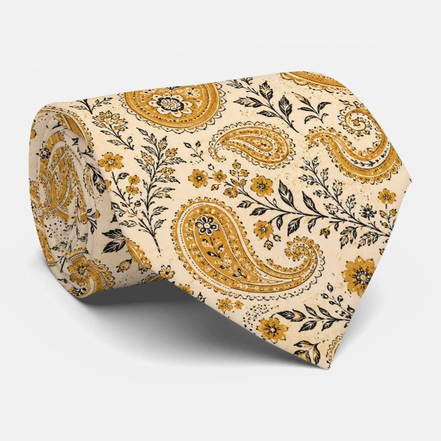 Cravate Paisley orange brûlé et beige  (Roulé)