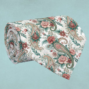 Cravate Paisley Vintage Look Rose Bourgogne Vert Maison