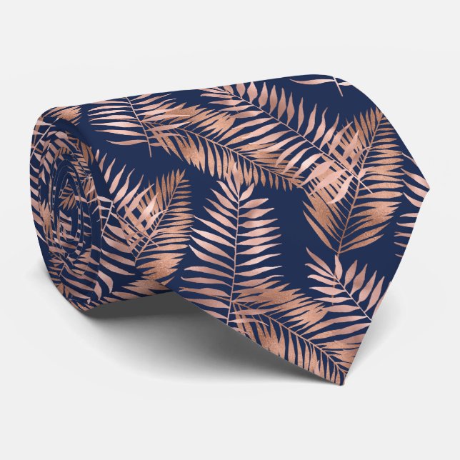 Cravate Palm Tropical Feuille Motif Rose Gold Marine Bleu (Roulé)