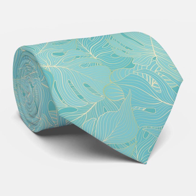Cravate Palme tropicale bleu clair motif feuille (Roulé)