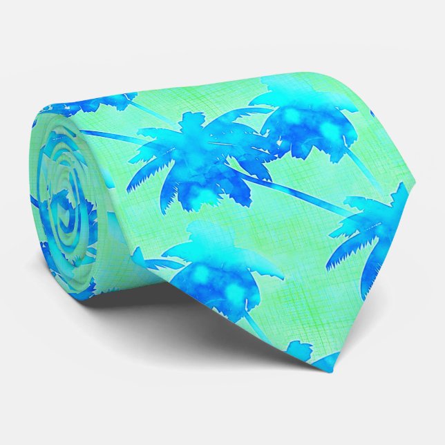 Cravate Palmiers motif tropical bleu vert vif (Roulé)