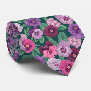 Cravate Pansies colorées sur bleu vert foncé