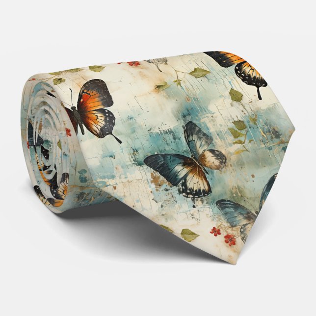 Cravate Papier Botanique Papillon Sarcelle Vintage (Roulé)