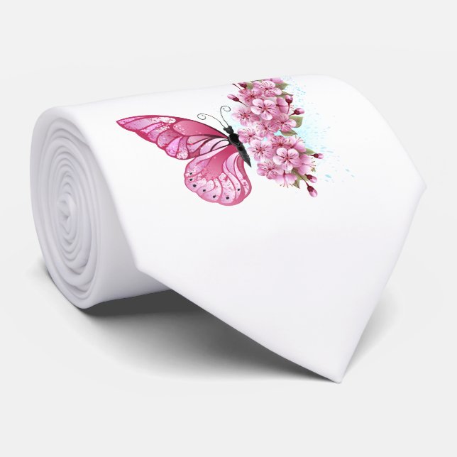 Cravate Papillon à fleurs avec Sakura rose (Roulé)