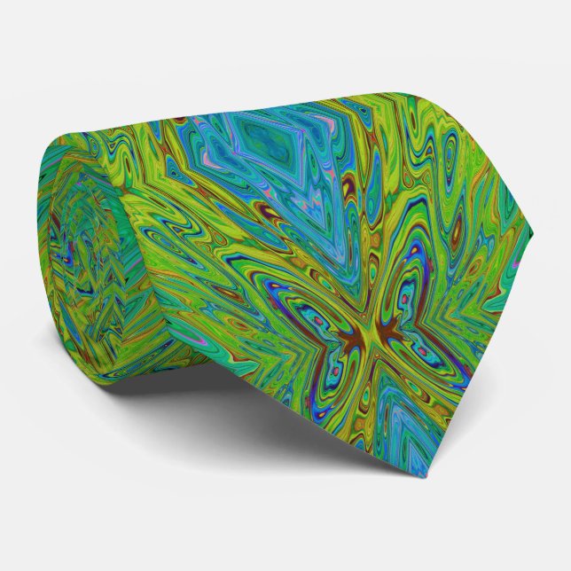 Cravate Papillon Abstrait Chartreuse et Bleu Trippy (Roulé)