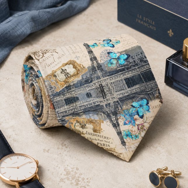 Cravate papillon bleu romantique français paris tour eiffe (romantic blue butterfly french paris eiffel tower neck tie)
