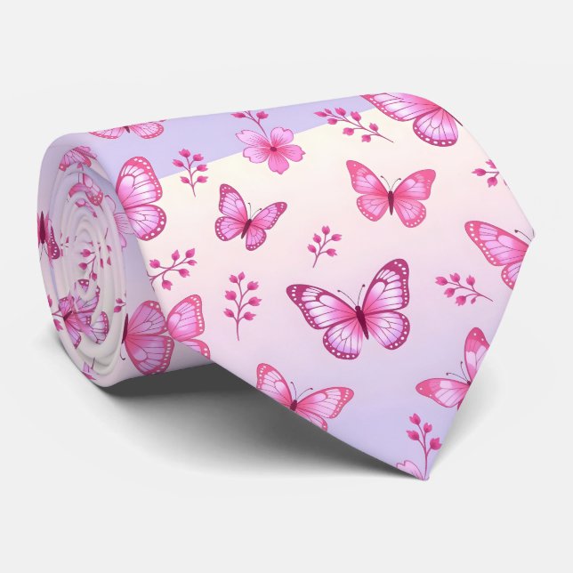 Cravate Papillon rose et motif floral (Roulé)