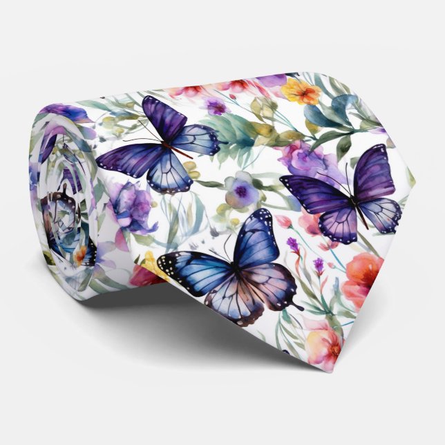 Cravate Papillons Fleuris Motif Aquarelle Coloré (Roulé)