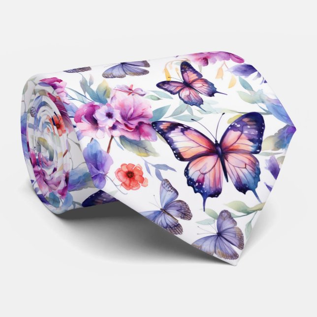 Cravate Papillons Fleuris Motif Aquarelle Coloré (Roulé)