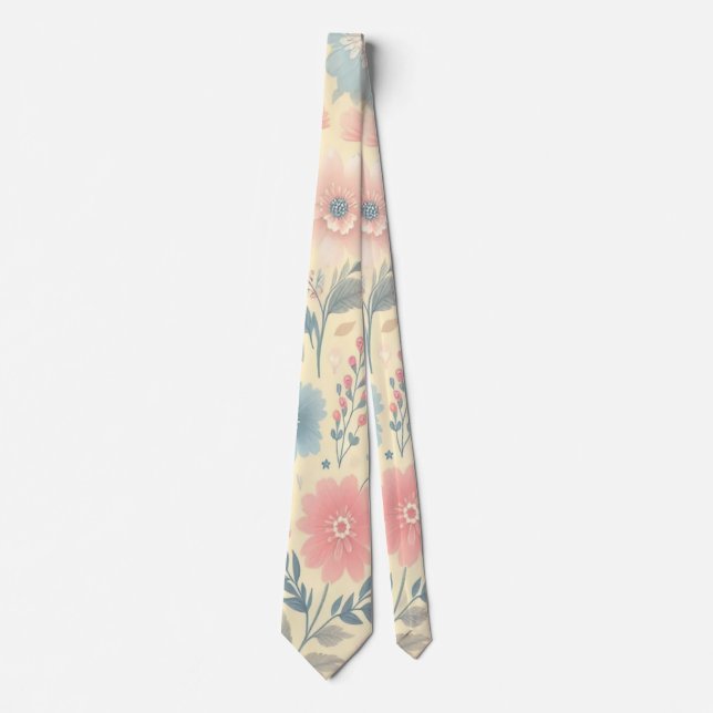 Cravate Pastel Floral rose & bleu sur jaune clair (Devant)