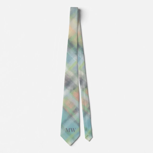 Cravate Pastel Monogram Vert Turquoise gris jaune Plaid Ch (Devant)