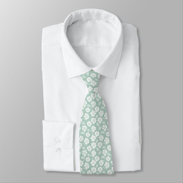 Cravate Pastel Vert Menthe Blanc Floral Garçons d'Honneur  (Attaché)