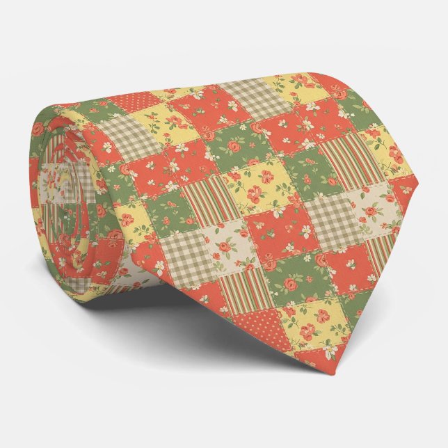 Cravate Patchwork Gingham Floral Aspect Maison de Campagne (Roulé)