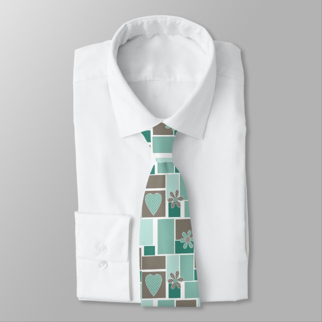 Cravate Patchwork marron turquoise de carrés (Attaché)
