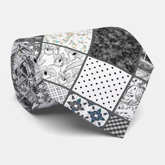 Cravate Patchwork monochrom noir gris blanc patc (Roulé)