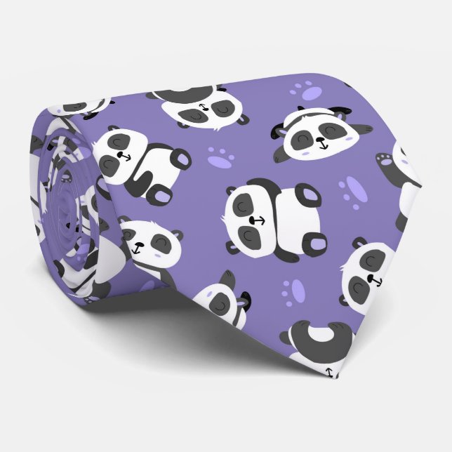 Cravate Patte de panda mignon fond bleu (Roulé)