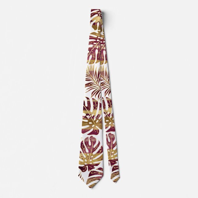 Cravate Patterned tropical leaves burgundy and gold (Devant)