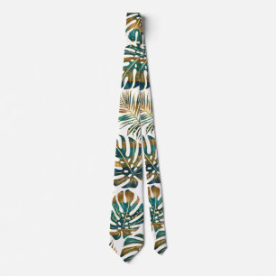 Cravate Patterned tropical leaves teal and gold
