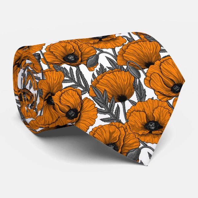 Cravate Pavot orange sur blanc (Roulé)