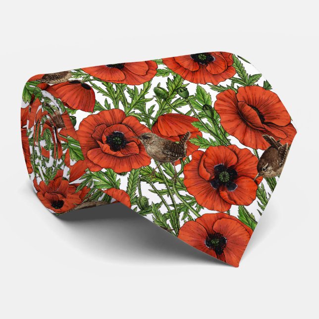 Cravate Pavot rouge et brindilles, feuilles verts sur blan (Roulé)