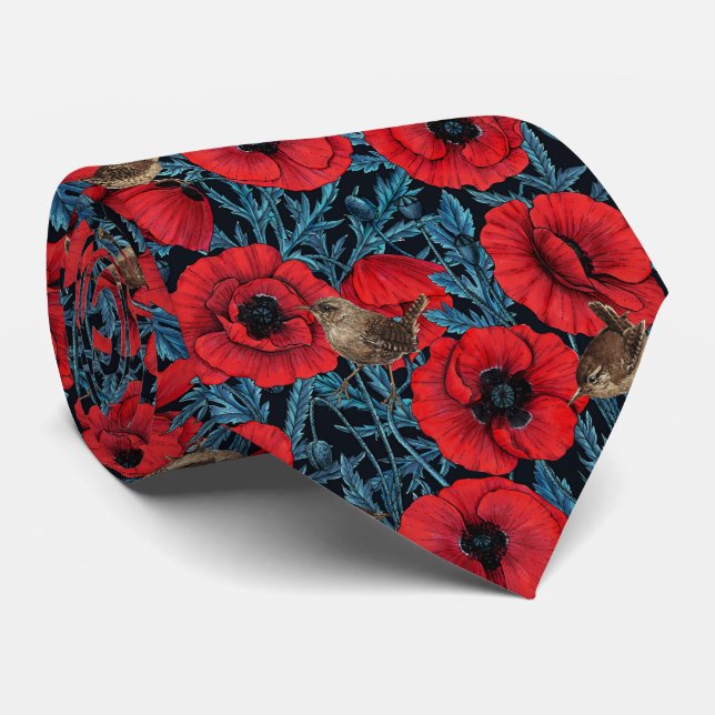 Cravate Pavot rouge et brunes, feuilles bleus sur noir (Roulé)