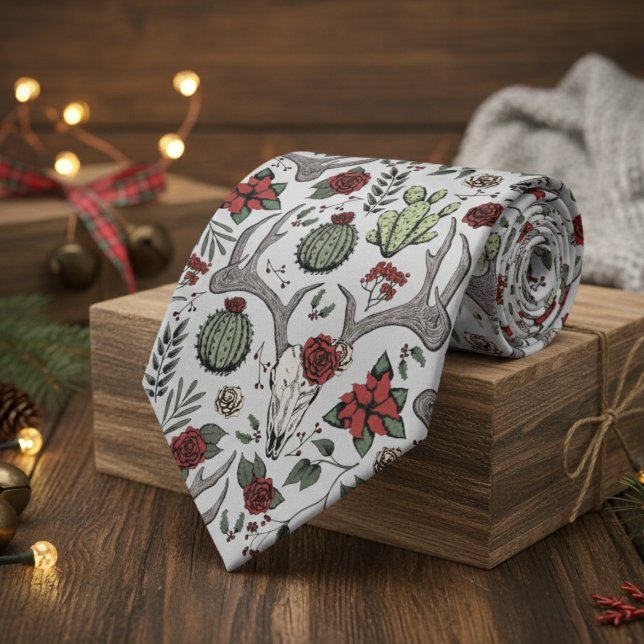 Cravate Pays rouge et vert Noël Cerf Tête Antlers (Trendy Light Gray Reindeer Skull Country Christmas Tie for Him. Gothic Skull Antlers Red Poinsettias)