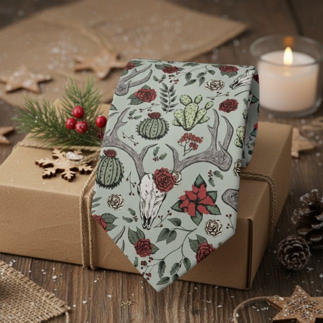 Cravate Pays rouge et vert Noël Cerf Tête Antlers (Sage Green Country Christmas Men's Tie. Xmas Reindeer Skull, Antlers, Red Poinsettias, Cacti Pattern)