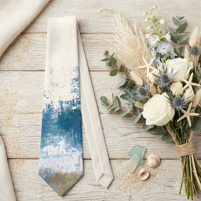 Cravate Paysage à l'aquarelle bleu côtier (Serene coastal tones on a stylish tie, perfect for the modern groom or wedding guest.)