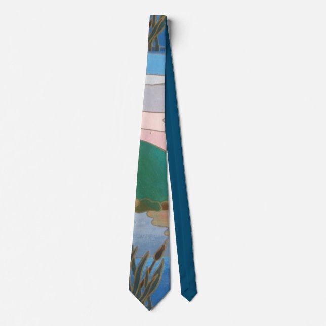 Cravate Paysage d'art abstrait motif bleu vert et rose (Devant)