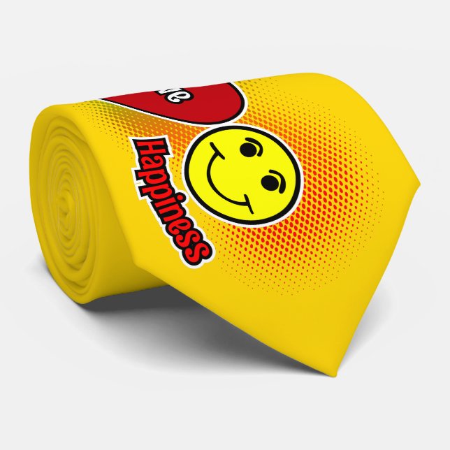 Cravate Peace Love Happiness Symboles avec nom sur JAUNE (Roulé)