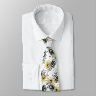 Cravate Peacock Feed Black White Gold Mens Necktie